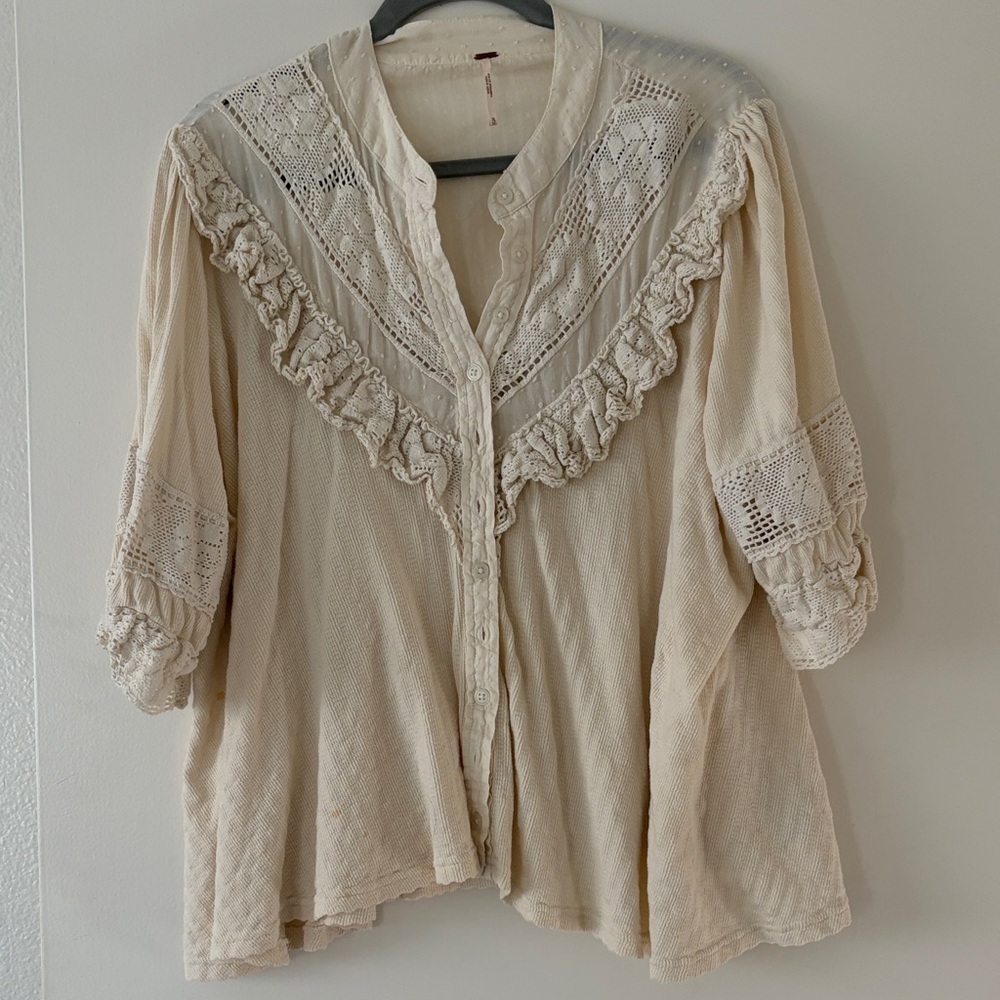 Free People Beige Button Down Shirt with Crochet Details